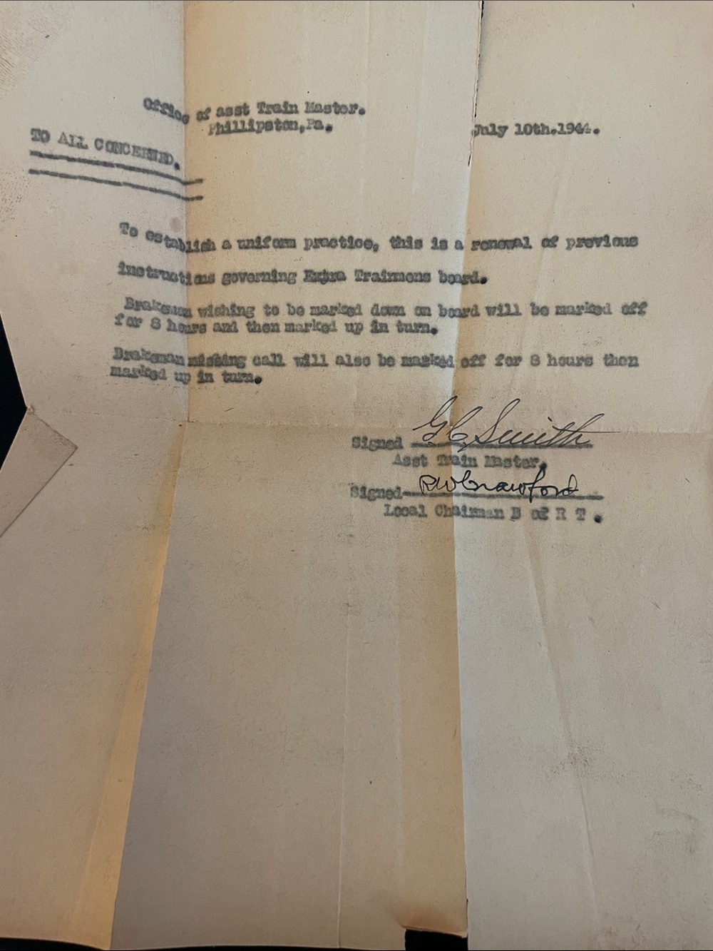 VINTAGE RAILROAD DOCUMENT July 10, 1944 SIGNED! RARE!
